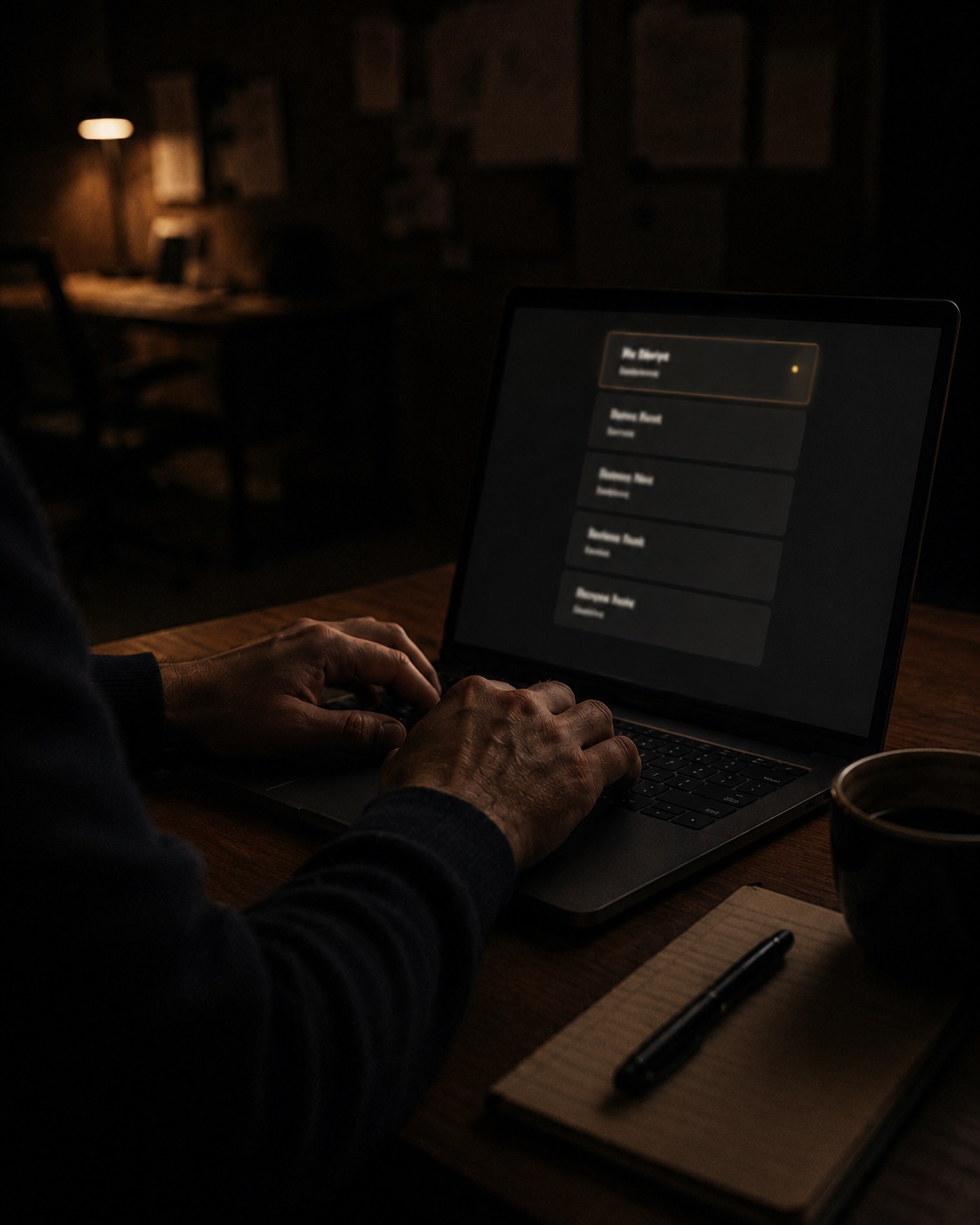 A volunteer typing at a laptop in a dim back room, reviewing a queue of names on screen.